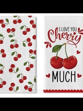 Cherry Print Kitchen Towels - Red & Green /Set Of Two